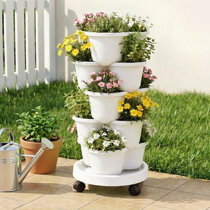 Green Fingers 5 Tier Vertical Garden Planter, Stackable Planters with Wheels, White, Garden Bed, Garden Tower Indoor Outdoor, Auto Drainage System, for Strawberries, Herbs, Flowers, Vegetables.