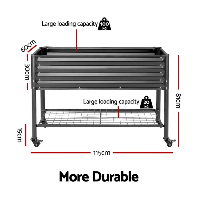 Green Fingers Mobile Raised Garden Bed With Wheels Storage Shelf 81cm Height for Vegetables Herb Charcoal