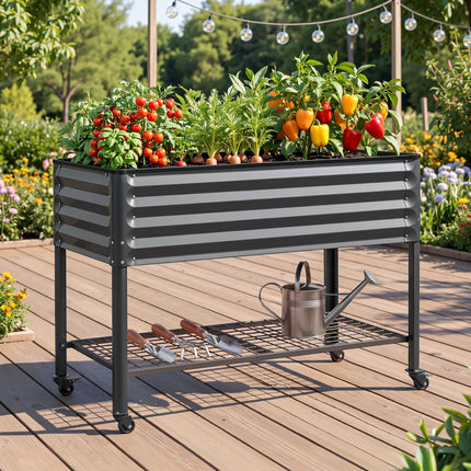 Green Fingers Mobile Raised Garden Bed With Wheels Storage Shelf 81cm Height for Vegetables Herb Charcoal