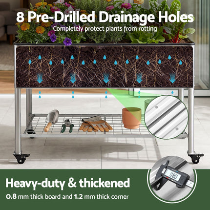 Green Fingers Mobile Raised Garden Bed with Wheels Storage Shelf 81cm Height for Vegetables Herb Silver