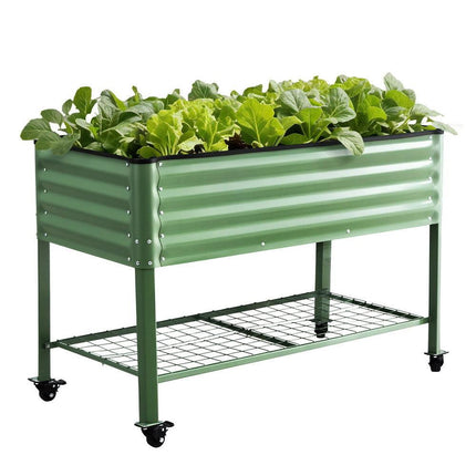Green Fingers Elevated Raised Garden Bed Kit Mobile w/ Locking Wheels & Storage Shelf 100KG Max Load 115x60x81cm | Galvanized Steel, Portable Green Organizer for Seniors, Patio, Balcony, Vegetables.
