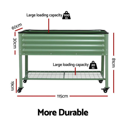 Green Fingers Elevated Raised Garden Bed Kit Mobile w/ Locking Wheels & Storage Shelf 100KG Max Load 115x60x81cm | Galvanized Steel, Portable Green Organizer for Seniors, Patio, Balcony, Vegetables.