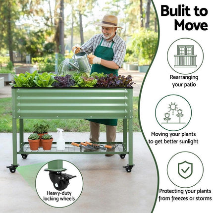 Green Fingers Elevated Raised Garden Bed Kit Mobile w/ Locking Wheels & Storage Shelf 100KG Max Load 115x60x81cm | Galvanized Steel, Portable Green Organizer for Seniors, Patio, Balcony, Vegetables.