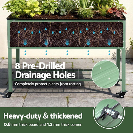 Green Fingers Elevated Raised Garden Bed Kit Mobile w/ Locking Wheels & Storage Shelf 100KG Max Load 115x60x81cm | Galvanized Steel, Portable Green Organizer for Seniors, Patio, Balcony, Vegetables.