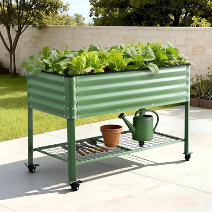 Green Fingers Elevated Raised Garden Bed Kit Mobile w/ Locking Wheels & Storage Shelf 100KG Max Load 115x60x81cm | Galvanized Steel, Portable Green Organizer for Seniors, Patio, Balcony, Vegetables.