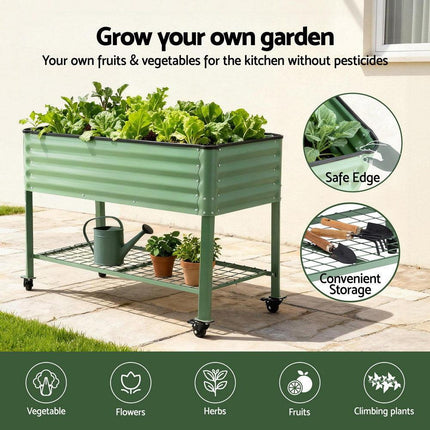 Green Fingers Elevated Raised Garden Bed Kit Mobile w/ Locking Wheels & Storage Shelf 100KG Max Load 115x60x81cm | Galvanized Steel, Portable Green Organizer for Seniors, Patio, Balcony, Vegetables.