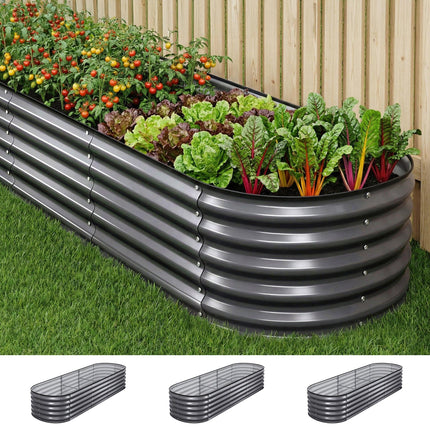 Green Fingers 3 Pcs Raised Garden Bed Kit Oval Galvanized Steel Planter Boxes 240x80x42cm, Heavy Duty Metal Elevated Garden Bed for Vegetables Flowers Herbs, with Safety Edging, Gloves & Pegs Included.