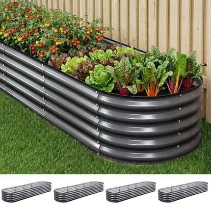 Green Fingers 4 Pcs Raised Garden Bed Kit Oval Galvanized Steel Planter Boxes 320x80x42cm, Heavy Duty Metal Elevated Garden Bed for Vegetables Flowers Herbs, with Safety Edging, Gloves & Pegs Included.