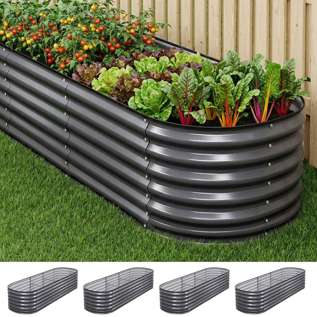 Green Fingers 4 Pcs Raised Garden Bed Kit Oval Galvanized Steel Planter Boxes 240x80x56cm, Heavy Duty Metal Elevated Garden Bed for Vegetables Flowers Herbs, with Safety Edging, Gloves & Pegs Included.