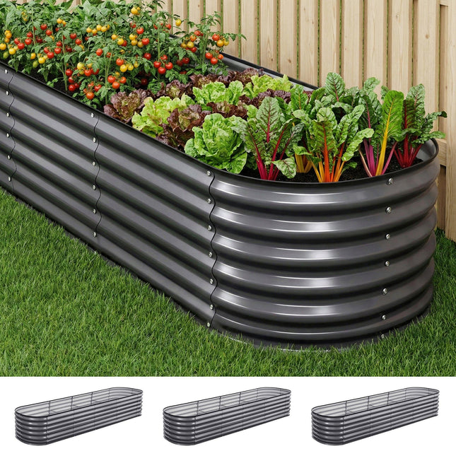 Green Fingers 3 Pcs Raised Garden Bed Kit Oval Galvanized Steel Planter Boxes 320x80x56cm, Heavy Duty Metal Elevated Garden Bed for Vegetables Flowers Herbs, with Safety Edging, Gloves & Pegs Included.