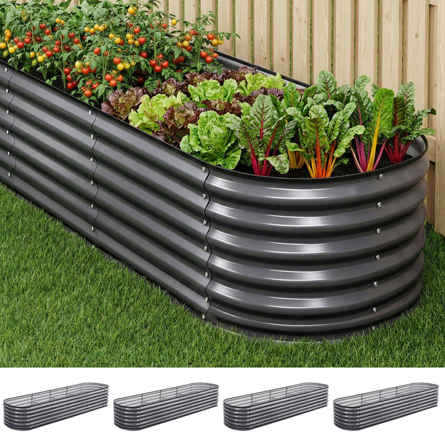 Green Fingers 4 Pcs Raised Garden Bed Kit Oval Galvanized Steel Planter Boxes 320x80x56cm, Heavy Duty Metal Elevated Garden Bed for Vegetables Flowers Herbs, with Safety Edging, Gloves & Pegs Included.
