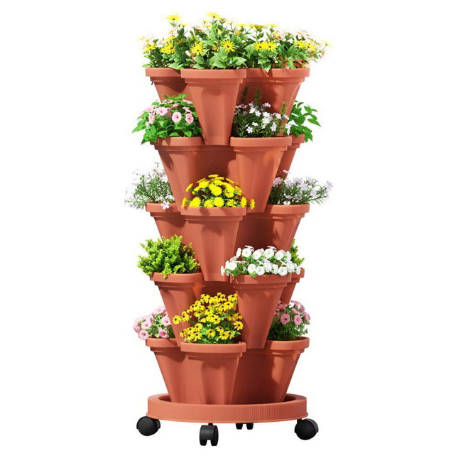 Green Fingers Raised Garden Bed 5 Tier Vertical Garden Brick Red Strawberry Stackable Planters Herbs Petunias.