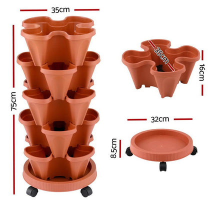 Green Fingers Raised Garden Bed 5 Tier Vertical Garden Brick Red Strawberry Stackable Planters Herbs Petunias.
