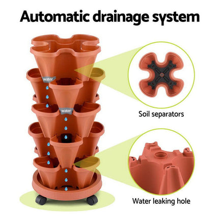 Green Fingers Raised Garden Bed 5 Tier Vertical Garden Brick Red Strawberry Stackable Planters Herbs Petunias.