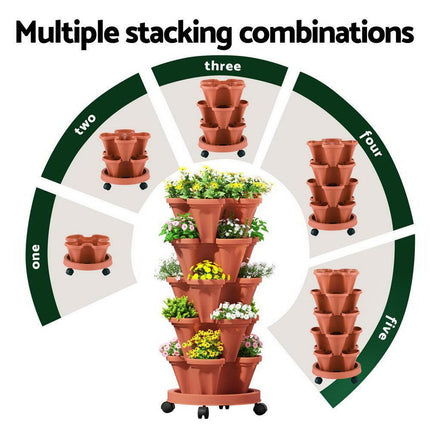 Green Fingers Raised Garden Bed 5 Tier Vertical Garden Brick Red Strawberry Stackable Planters Herbs Petunias.