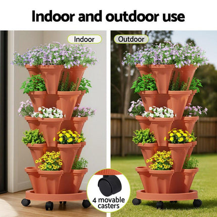 Green Fingers Raised Garden Bed 5 Tier Vertical Garden Brick Red Strawberry Stackable Planters Herbs Petunias.