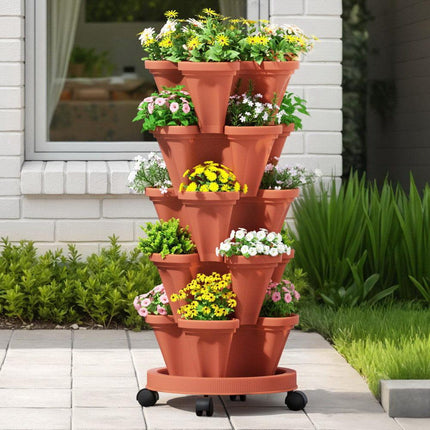 Green Fingers Raised Garden Bed 5 Tier Vertical Garden Brick Red Strawberry Stackable Planters Herbs Petunias.