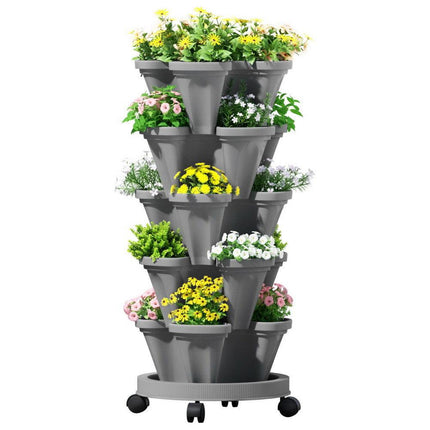 Green Fingers Raised Garden Bed 5 Tier Vertical Garden Grey Strawberry Stackable Planters Herbs Petunias.