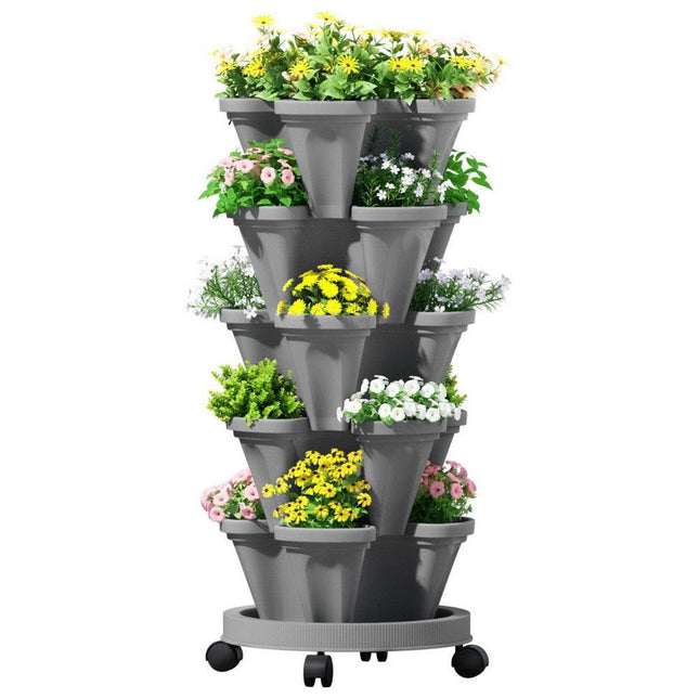 Green Fingers Raised Garden Bed 5 Tier Vertical Garden Grey Strawberry Stackable Planters Herbs Petunias.