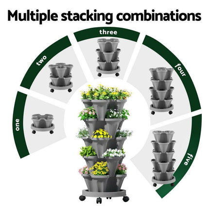 Green Fingers Raised Garden Bed 5 Tier Vertical Garden Grey Strawberry Stackable Planters Herbs Petunias.