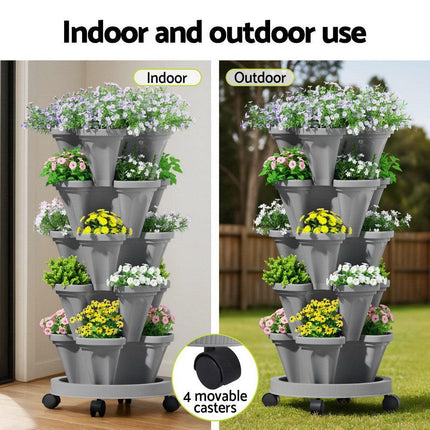 Green Fingers Raised Garden Bed 5 Tier Vertical Garden Grey Strawberry Stackable Planters Herbs Petunias.