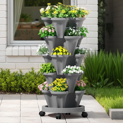Green Fingers Raised Garden Bed 5 Tier Vertical Garden Grey Strawberry Stackable Planters Herbs Petunias.