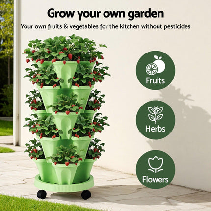 Green Fingers Garden Bed 5 Tier Vertical Garden Grey Strawberry Stackable Planters Herbs Light Green.