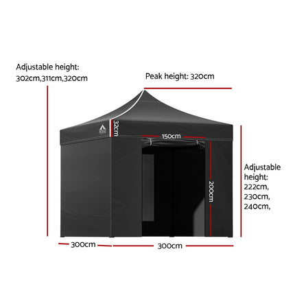 Instahut Gazebo Pop Up Marquee 3x3m Folding Tent Wedding Gazebos 500D Black.