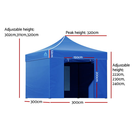 Instahut Gazebo Pop Up Marquee 3x3 Folding Tent Wedding Gazebos 500D Oxford Blue.