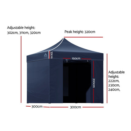 Instahut Gazebo Pop Up Marquee 3x3 Folding Tent Gazebos Camping 500D Oxford Navy.