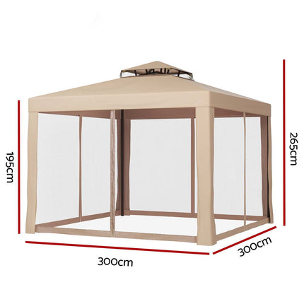 Instahut Gazebo Marquee 3m Outdoor Event Tent Camping Party Mesh Wall Canopy Brown.
