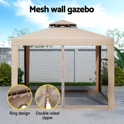 Instahut Gazebo Marquee 3m Outdoor Event Tent Camping Party Mesh Wall Canopy Brown.