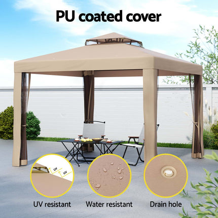 Instahut Gazebo Marquee 3m Outdoor Event Tent Camping Party Mesh Wall Canopy Brown.