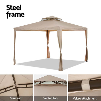 Instahut Gazebo Marquee 3m Outdoor Event Tent Camping Party Mesh Wall Canopy Brown.