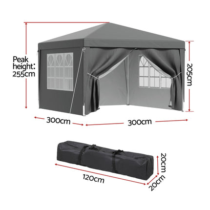 Instahut Gazebo 3x3 Pop Up Marquee Folding Tent Wedding Gazebos Camping Outdoor Shade Canopy Gray.