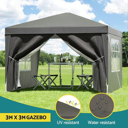 Instahut Gazebo 3x3 Pop Up Marquee Folding Tent Wedding Gazebos Camping Outdoor Shade Canopy Gray.
