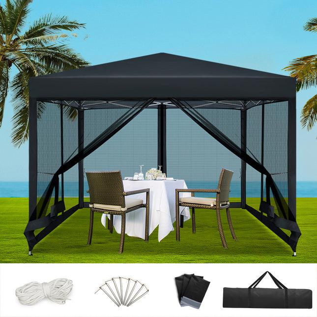 Instahut Gazebo Pop Up Marquee 3x3m Wedding Party Outdoor Camping Tent Canopy Shade Mesh Wall Black.