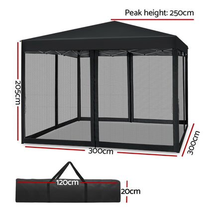 Instahut Gazebo Pop Up Marquee 3x3m Wedding Party Outdoor Camping Tent Canopy Shade Mesh Wall Black.