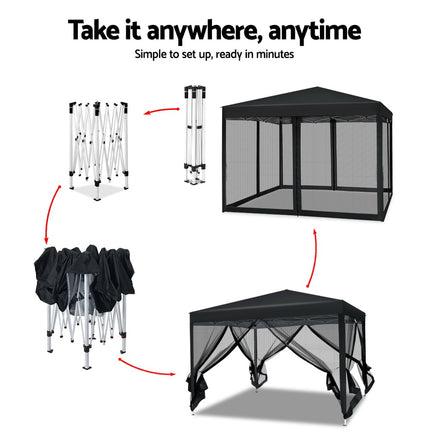 Instahut Gazebo Pop Up Marquee 3x3m Wedding Party Outdoor Camping Tent Canopy Shade Mesh Wall Black.