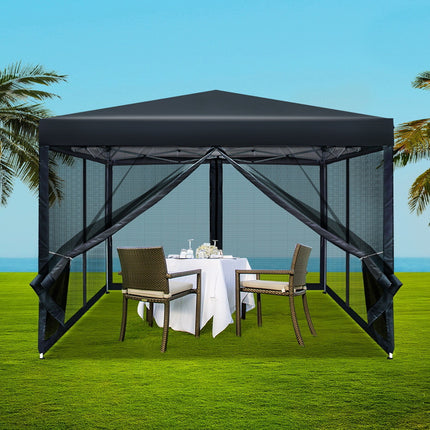 Instahut Gazebo Pop Up Marquee 3x3m Wedding Party Outdoor Camping Tent Canopy Shade Mesh Wall Black.