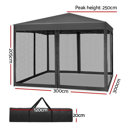 Instahut Gazebo Pop Up Marquee 3x3m Wedding Party Outdoor Camping Tent Canopy Shade Mesh Wall Grey.