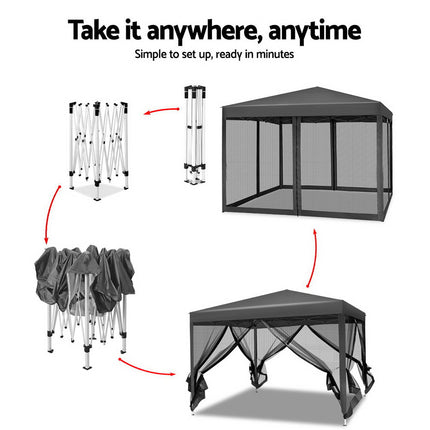 Instahut Gazebo Pop Up Marquee 3x3m Wedding Party Outdoor Camping Tent Canopy Shade Mesh Wall Grey.