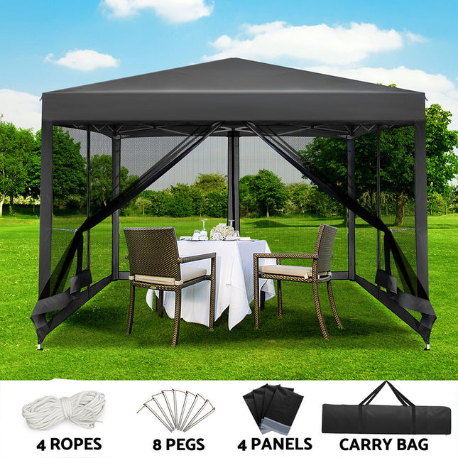 Instahut Gazebo Pop Up Marquee 3x3m Wedding Party Outdoor Camping Tent Canopy Shade Mesh Wall Grey.