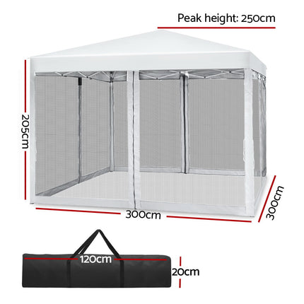 Instahut Gazebo Pop Up Marquee 3x3m Wedding Party Outdoor Camping Tent Canopy Shade Mesh Wall White.