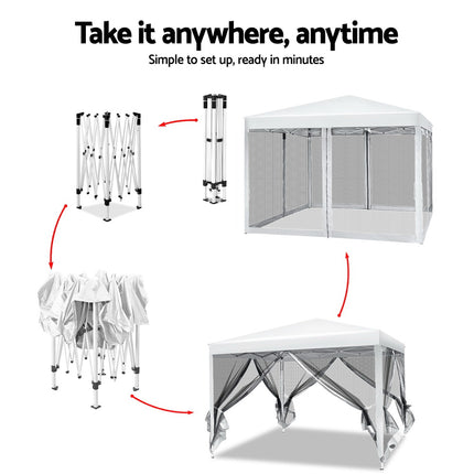 Instahut Gazebo Pop Up Marquee 3x3m Wedding Party Outdoor Camping Tent Canopy Shade Mesh Wall White.
