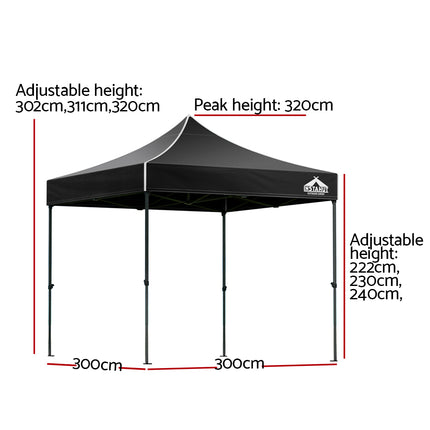 Instahut Gazebo Pop Up Marquee 3x3m Folding Tent Wedding Outdoor Camping Canopy Gazebos Shade Black.