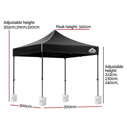 Instahut Gazebo Pop Up Marquee 3x3 Folding 500D Wedding Tent Base Pod Black.