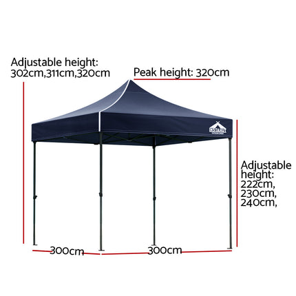 Instahut Gazebo Pop Up Marquee 3x3m Folding Tent Wedding Outdoor Camping Canopy Gazebos Shade Navy.