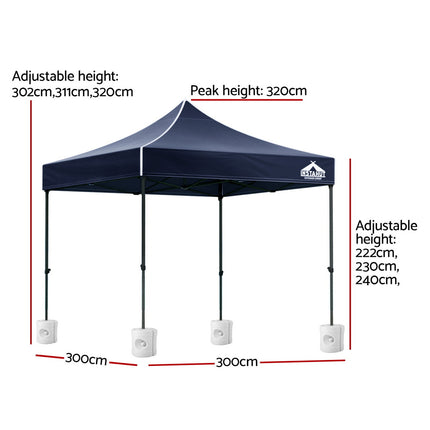 Instahut Gazebo Pop Up 3x3m w/Base Podx4 Marquee Folding Outdoor Wedding Camping Tent Shade Canopy Navy.