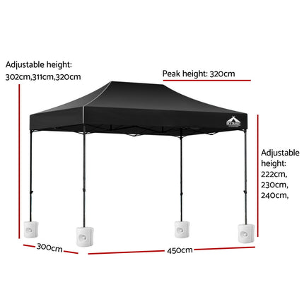 Instahut Gazebo Pop Up Marquee 3x4.5 Folding 500D Wedding Tent Base Pod Black.